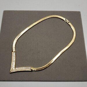 Vtg 80s Signed Christian Dior "V" Rhinestone Bulky Chain 6.5" Choker Necklace